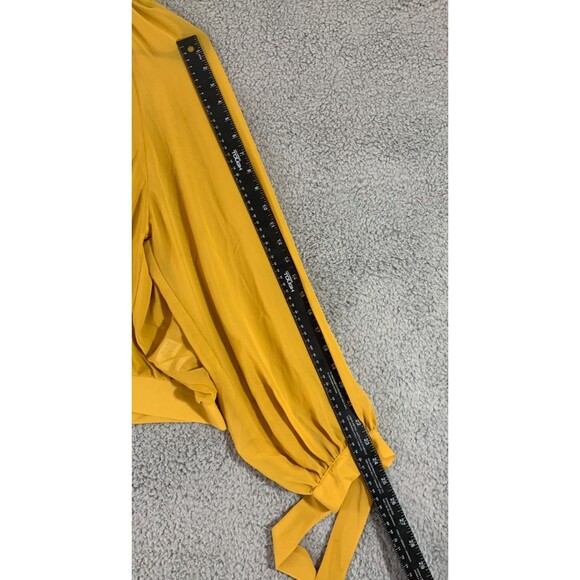 Yellow Pleated Mock Neck Blouse Long Adjustable Ribbon Sleeve Size (M) Medium - Picture 10 of 12
